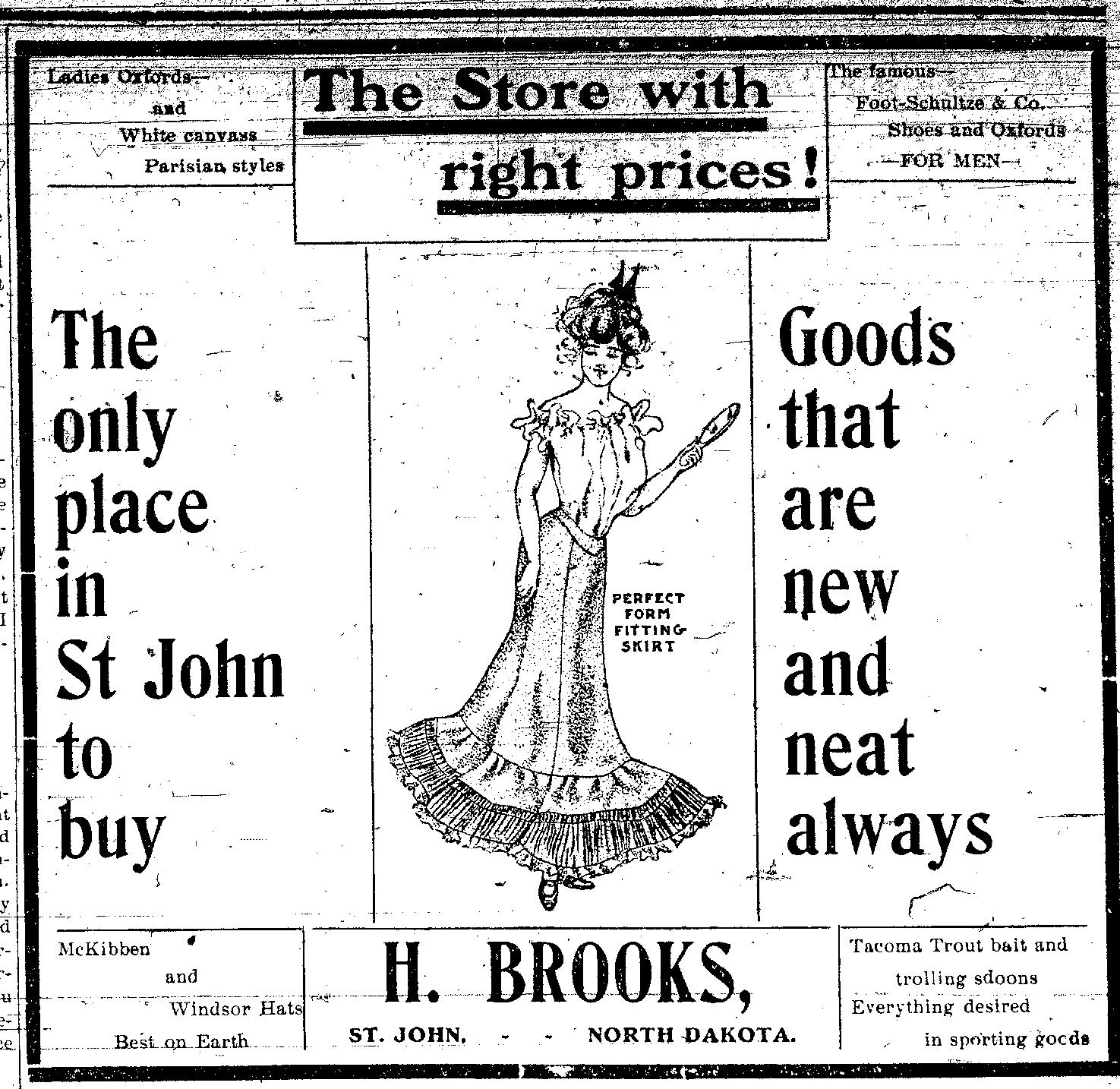 Image of Newspaper Advertizement for Hubert Brooks General Store from St John ND paper April 30, 1908 St. John Tribune